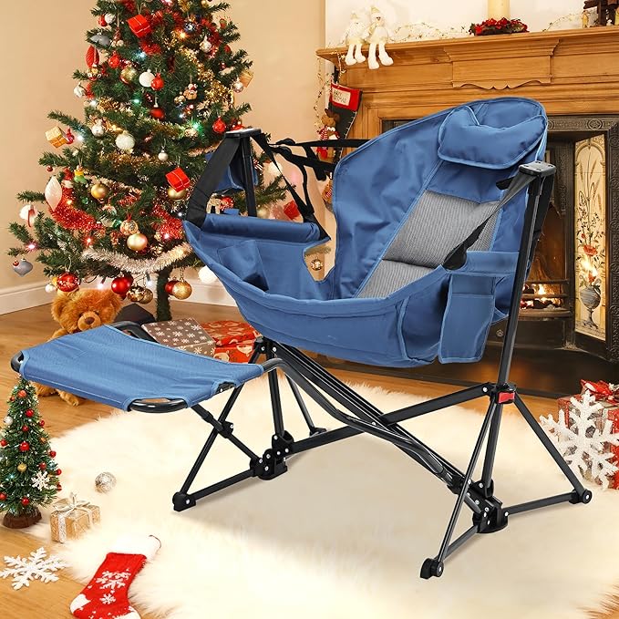 GDY Camping Chairs, Oversized Hammock, Folding Rocking Chairs, Adjustable Back Swing Chairs, Cup Holder, Outdoor Beach Lawn, Navy Blue.