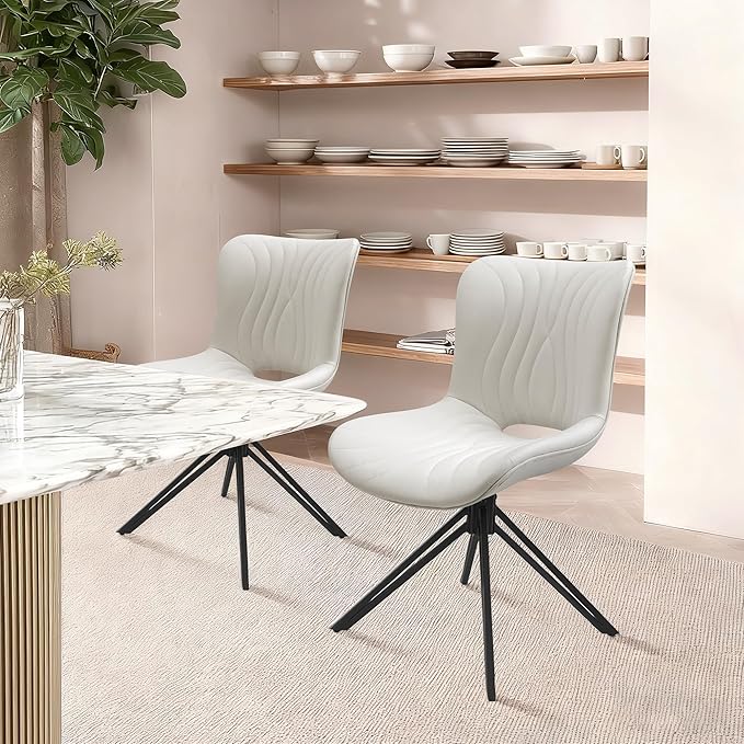 VATROS Dining Chairs Set of 2, 360° Swivel Upholstered Mid-Century Modern Kitchen Dining Room Chairs, Armless Faux Leather Accent Side Chair with Padded Back, Metal Legs for Living Room Bedrooms White