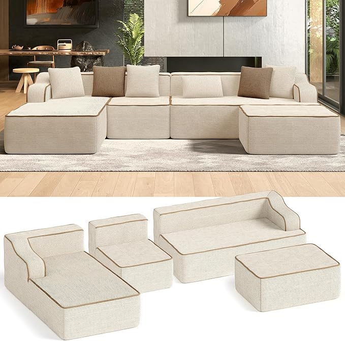 HERA'S HOUSE 134" Cloud Sectional Couch, U-Shaped Modular Upholstered Sofa with Ottoman, Corduroy Boneless Couches with Wide Armrest and 6 Throw Pillows for Living Room, No Assembly Required, Beige