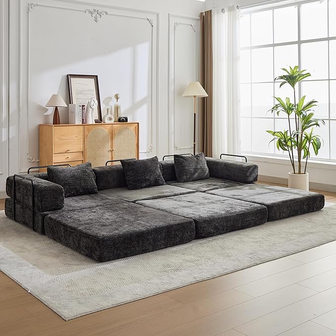 6-in-1 Folding Convertible Sofa Bed, 118 Inch Boneless Couch with Fixed-Shape Frame, Chenille Sleeper Sofa with Pull Out Bed, Floor Sofa Modular Futon Couches for Living Room Bedroom Lounge (Black)