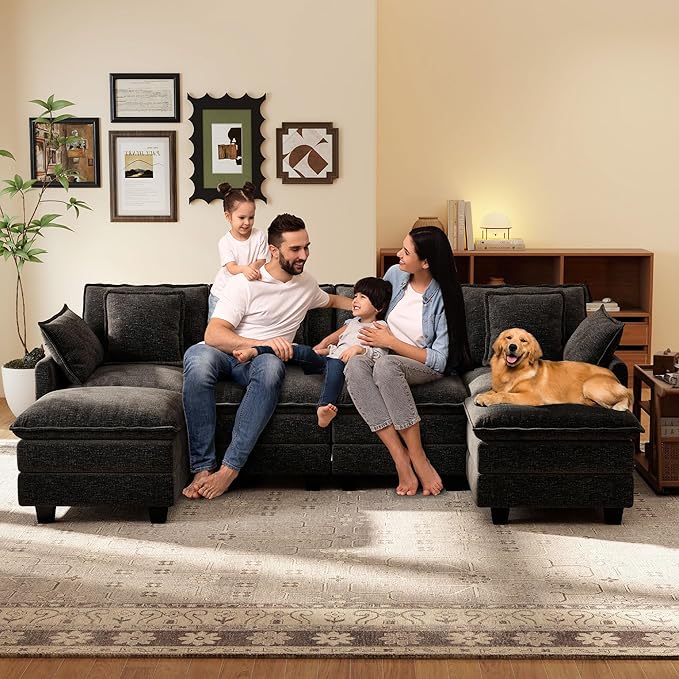 Ihanherry 106" U-Shaped Modern Sofa Modular Sectional Cloud Couch 6-Seat Chenille Seat Sofa with Ottoman for Living Room, Bedroom and Apartment, Black