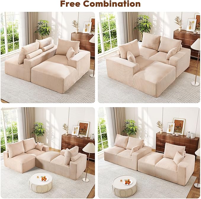 WESTSETLUX 108” Cloud Sectional Sofa Couch with High-Seat, Corduroy Modular Sofa with Oversized Chaise, High-Back Modern L-Shaped Couches for Living Room, No Assembly Required (Oatmeal)
