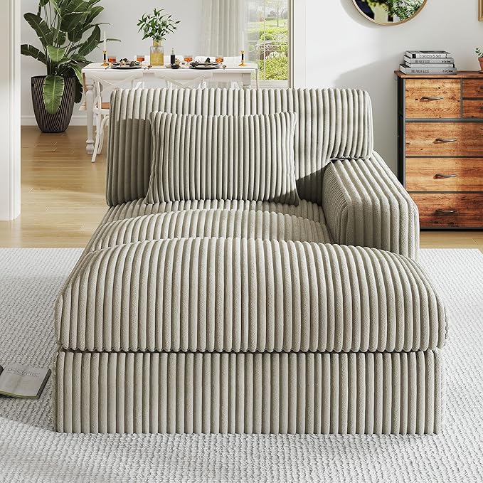 Oversized Chaise Lounge Sofa Chair Indoor，Soft Corduroy Fabric, Boneless sofawith Cushion，A Comfortable, deep-Seated Cloud Sofa for use in The Living Room.(Singler-Right-arm-Gray)