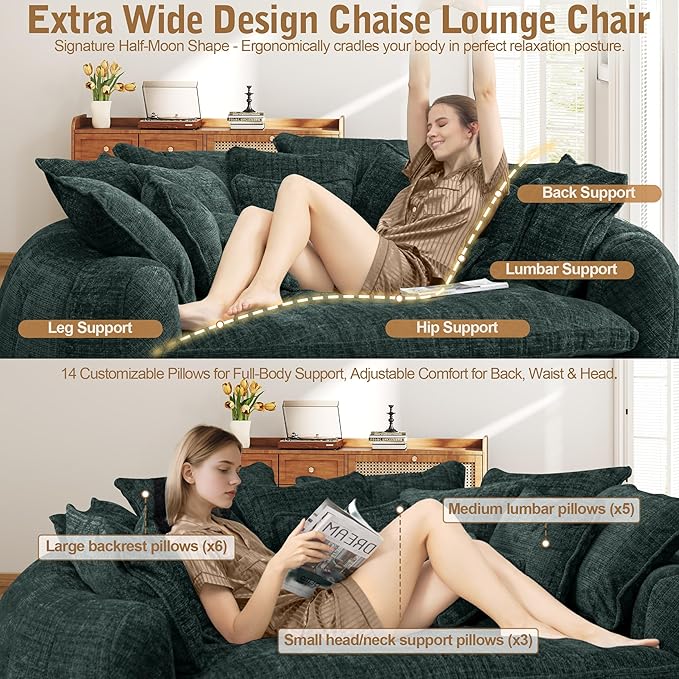 82'' Oversized Upholstered Sofa Bed, Round Chaise Lounge Chair Indoor, Modern Chenille Boneless Couch, No Assembly Required, Plush Sleeper Chair with 14 Pillows for Living Room, Emerald