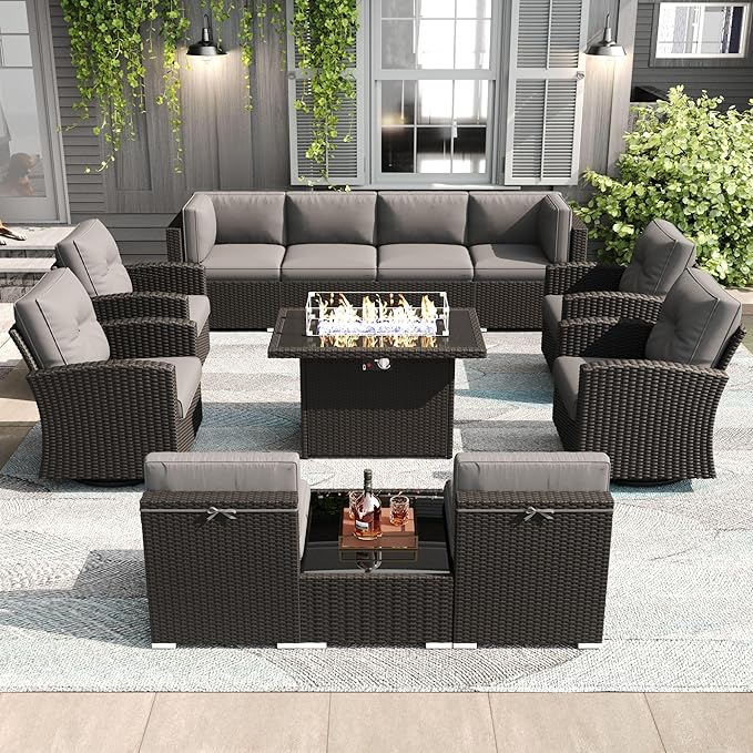 LayinSun 12 Pieces Patio Furniture Set with Fire Pit Table, Black Rattan Modular Sectional Outdoor Conversation Sofa Set, Swivel Rocking Chairs Set