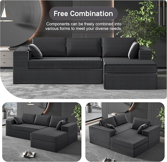 luckyvo 108-inch Boneless Couch for Living Room，Comfy Boneless Sofa with Deep Seats & Chaise Lounge, 3-Seat Modular Sofa Memory Foam Sectional Couches - No Assembly Required(Dark Grey)