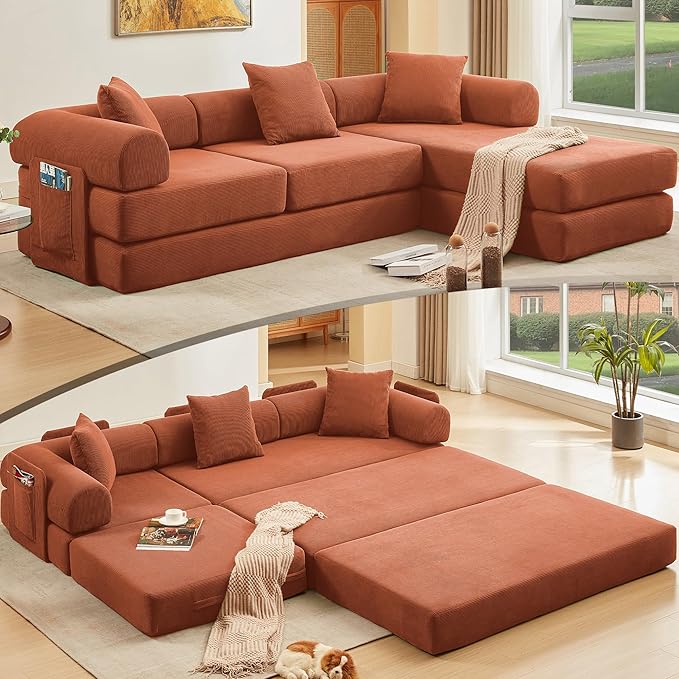 L Shaped Convertible Modular Sofa Bed with Cylindrical Pillow & Reversible Chaise, Corduroy Folding Floor Sofa Couch Bed with Fixed-Shape Frame & Storage Pocket for Living Room, Orange
