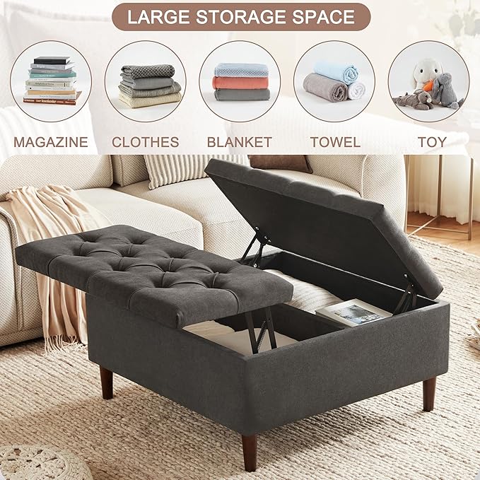35 Inch Extra Large Storage Ottoman Coffee Table, No Assembly Required, Oversized Square Ottoman with Storage, Tufted Upholstered Ottomans Coffee Table for Living Room (Fabric, Dark Grey)