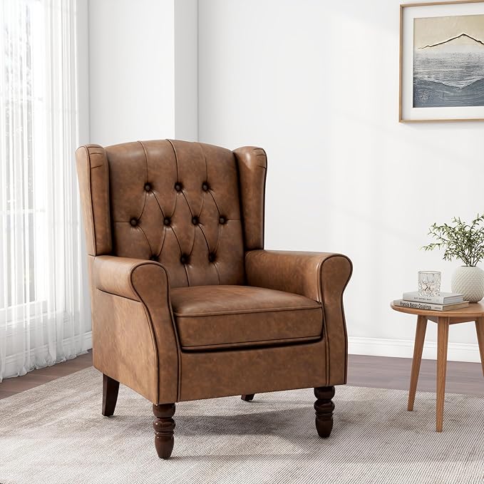 DREAMSIDEA Accent Chair, Upholstered Armchair with Button Tufted High Back & Solid Wood Legs, Comfy Wingback Reading Single Sofa Chair for Small Spaces, Living Room, Bedroom (Leather Brown, Set of 2)
