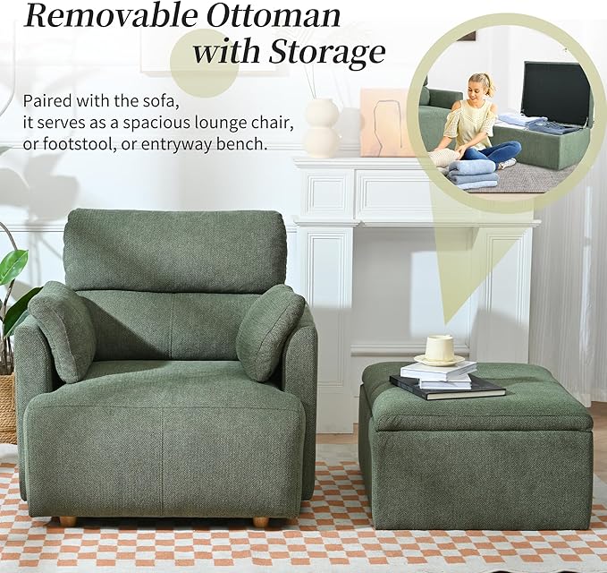 QKFF Modern Oversized Accent Chair with Storage Ottoman & Side Pillows, Snowflake Fleece Upholstered Chaise Lounge Chair, Deep Seat Reading Chair for Living Room, 350lbs Capacity
