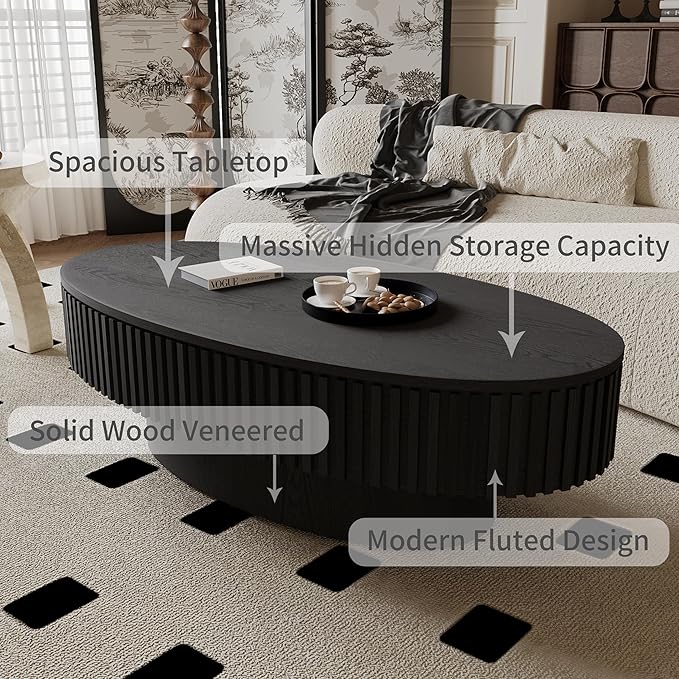 Oval Coffee Table for Living Room Modern Wood Center Tables with Storage Drum Tea Cocktail Fluted Mid Century Apartment Easy Assemble, Black 31.5" D x 47.2" W x14.2 H