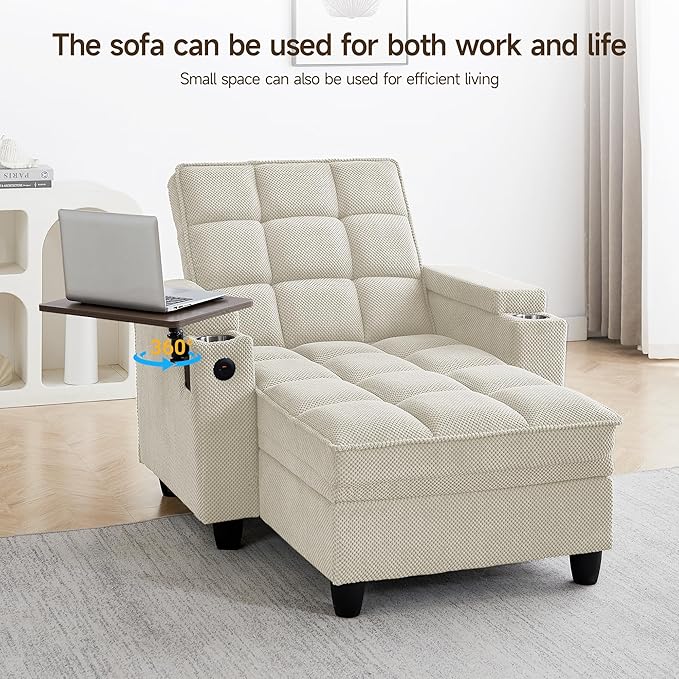 41.7" Oversized Chaise Lounge Chair Indoor, Boucle Upholstered Sofa Bed with Adjustable Backrest, Deep Seat Reading Chair, Sofas Couches for Living Room, Storage, Cup Holders & 360° Swivel Side Table