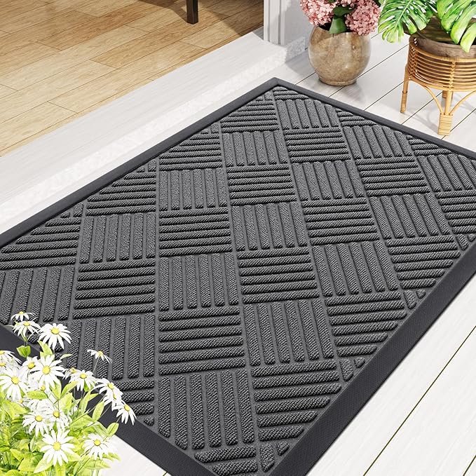 Smiry Front Door Mat Outside Entrance, Heavy Duty Outdoor Indoor Natural Rubber Doormat, Non Slip, Trap Dirt and Moisture, Easy Clean, Low Profile Patio Porch Entryway Mat, 35x23, Grey