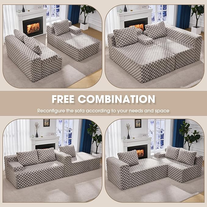 Modular Sectional Sofa Couches L-Shape Couch 3 Seat Modular Sofa Memory Foam Sectional Couches for Living Room, Cloud Couch with Oversized Chaise (Grey Check, 96" Right Facing Chaise)