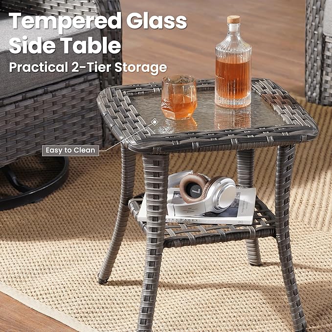 ovios 3 Pieces Patio Furniture Set, Outdoor Rocking Chairs of 2, Wicker Swivel Glider Chairs with Side Table Thick Cushions, All Weather Rattan Bistro Set for Porch, Dark Grey
