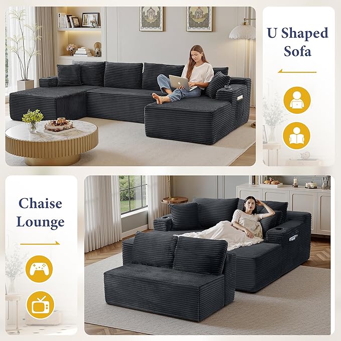 133" Sectional Couches for Living Room Cloud Couch Sofa with L-Shape Upholstered Boneless Couchs Modern Modular Sectional Couch with Chaise (Dark Grey, 133" W+U Facing Chaise)