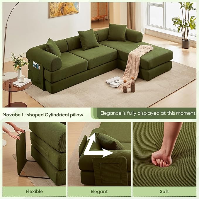 L Shaped Convertible Modular Sofa Bed with Cylindrical Pillow & Reversible Chaise, Corduroy Folding Floor Sofa Couch Bed with Fixed-Shape Frame & Storage Pocket for Living Room, Green