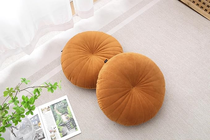 Floor Pillow Meditation Cushion Round Large Floor Pillows Seating for Adults, Velvet Thick Floor Cushions for Yoga Living Room Balcony Outdoor Tatami 18inch（Caramel）