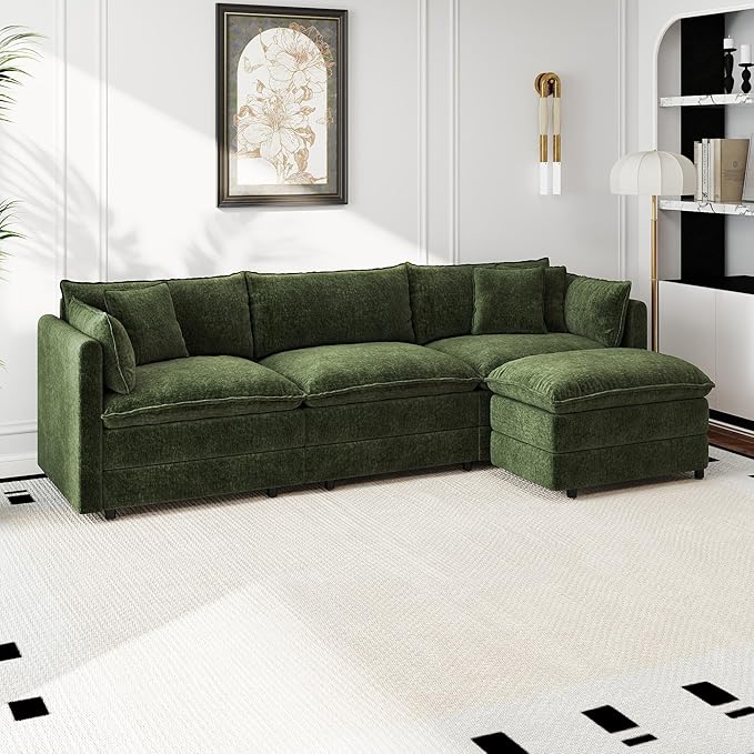 Aoowow Modular Sectional Sofa Modern Convertible L Shaped Couch,112.2 Inch Deep 3-Seater Sofas Set Comfy Chenille Cloud Sofas and Couches with Movable Ottoman for Living Room Apartment（Green）