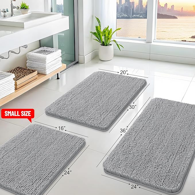 Arotive Bathroom Rugs 30x20, Extra Soft Absorbent Shaggy Chenille Bath Rugs, Machine Washable Rubber Backing Non-Slip Bath Mats for Bathroom Floor Tub and Shower, Home Decor Accessories, Light Grey