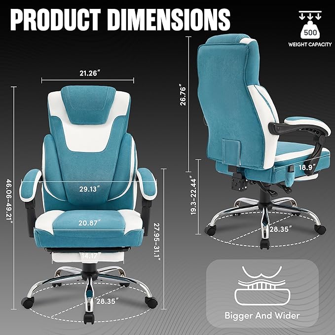Massage Office Chair with Footrest,6-Point Vibration and Heat Executive Office Chairs,Ergonomic Desk Chair for Heavy People,500LBS Big and Tall Fabric Office Chair,Reclining Managerial Chair,Bluewhite