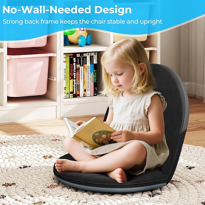 2 Pcs Floor Chair, Meditation Chair, 5-Position Folding Chair with Adjustable Back, Soft Sponge & Velvetean Cover, for Adults and Kids, Indoor Outdoor Use, Meditation, Gaming, Camping, Black