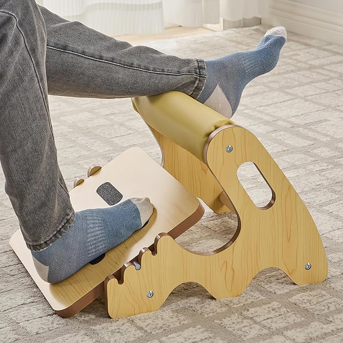 Foot Rest for Under Desk at Work- Adjustable Rocking Foot Stool with 3 Height Positions and Soft Crossbar, Ergonomic Wooden Footrest with Anti-Slip Surface for Home, Office