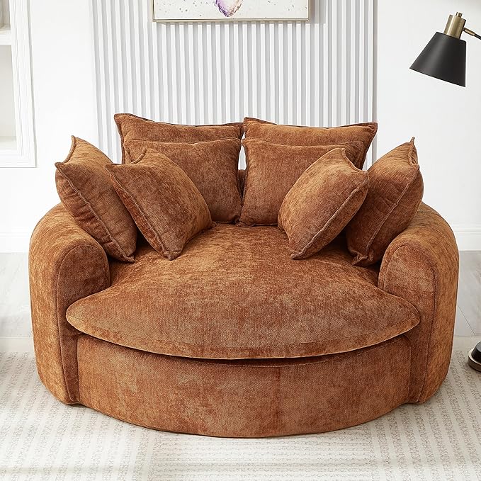 LUMISOL Boneless Couch with 8 Throw Pillows, Full-Compressed, 59.8" Upholstered Single Cloud Sofa Chair, Round Chaise Sofa for Living Room Apartment Office Small Space, Orange