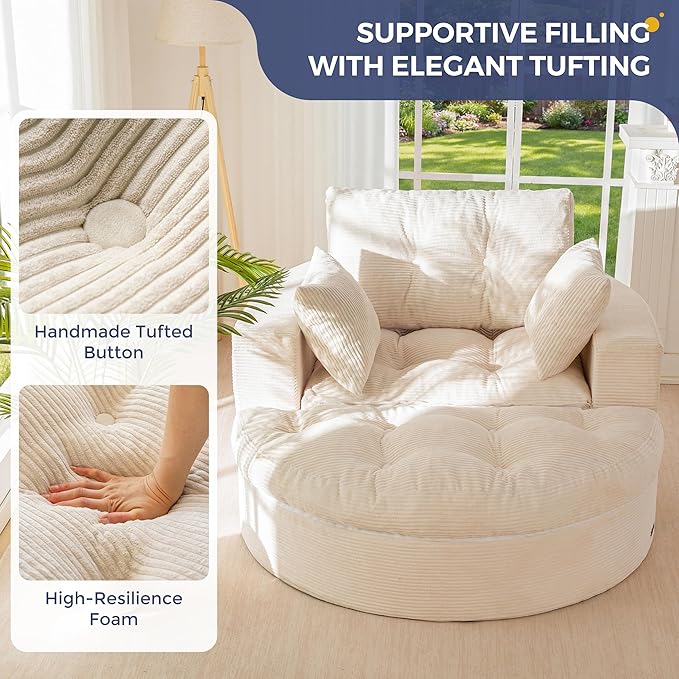 MAXYOYO Modular Sectional Chaise Lounge Sofa, Round Upholstered Lounge Chair with Ottoman, Comfy Couch with Layered Cushion, Tufted Sleeper Chair for Living Room, No Assembly, Beige