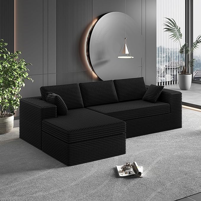 luckyvo 108-inch Boneless Couch for Living Room，Comfy Boneless Sofa with Deep Seats & Chaise Lounge, 3-Seat Modular Sofa Memory Foam Sectional Couches - No Assembly Required(Dark Black)