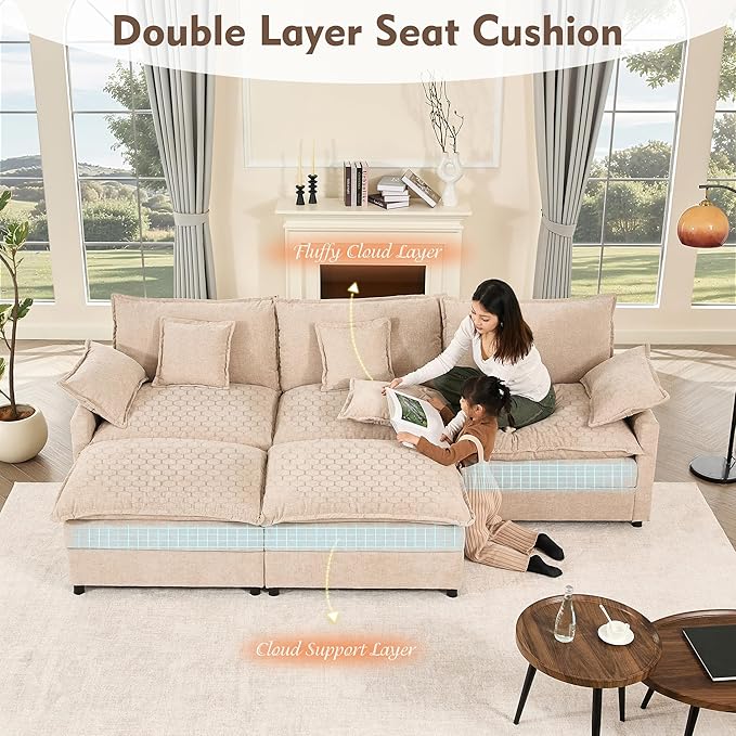 GOSUHI 108" U Shaped Couch, Modular Sectional Sofa, 3-Seater Comfy Cloud Couch with Movable Ottoman, Deep Seat Couches for Living Room, Chenille, Flat White