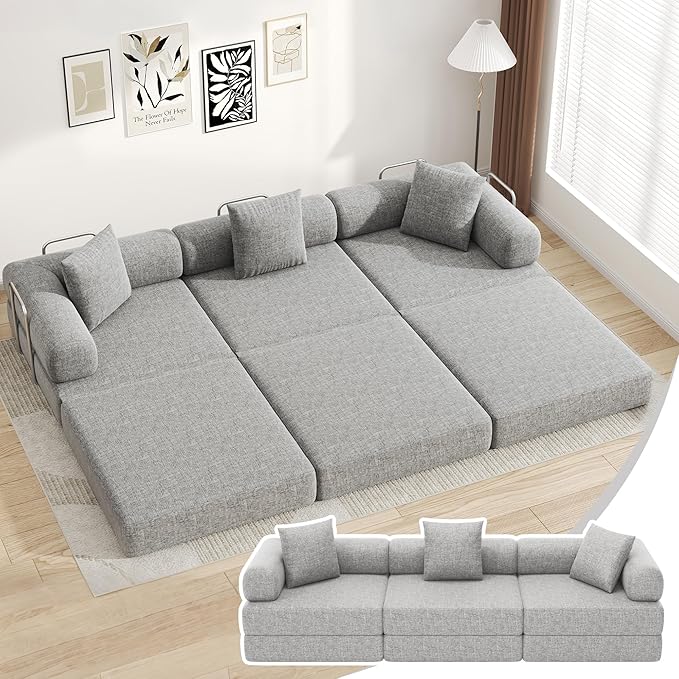 DURASPACE 117.6'' Folding Convertible Sofa Bed Boneless Foam Sectional Couches with Fixed-Shape Frame, 3-Seater Modular Floor Sleeper Sofa for Living Room, Chenille Gray