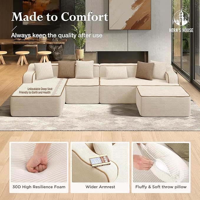 HERA'S HOUSE 134" Cloud Sectional Couch, U-Shaped Modular Upholstered Sofa with Ottoman, Corduroy Boneless Couches with Wide Armrest and 6 Throw Pillows for Living Room, No Assembly Required, Beige
