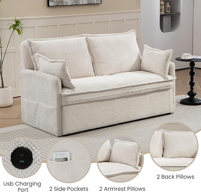 GRAINLLE Pull Out Couch,Loveseat Convertible Sleeper Sofa Bed with USB,Pull Out Sofa Bed Side Storage,2 Pillows,Corduroy Sleeper Couch for Living Room,Bedroom,Apartment,Pet-Friendly(Beige, 59.5'')