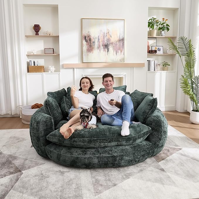 81" Oversized Bean Bag Chair Boneless Round Chaise Lounge Comfy Chenille Reading Chair Fluffy Plush Sofa Bed Large Deep Seat Circle Cloud Couch for Living Room, Bedroom, Apartment, Green