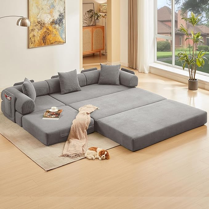 L Shaped Convertible Modular Sofa Bed with Cylindrical Pillow & Reversible Chaise, Corduroy Folding Floor Sofa Couch Bed with Fixed-Shape Frame & Storage Pocket for Living Room, Grey