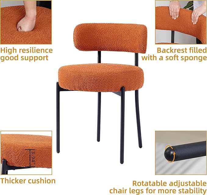 DYHOME Mid-Century Modern Dining Chairs Set of 6, Boucle Dining Chairs Upholstered with Black Metal Legs, Curved Backrest Kitchen Dining Room Chairs, Orange