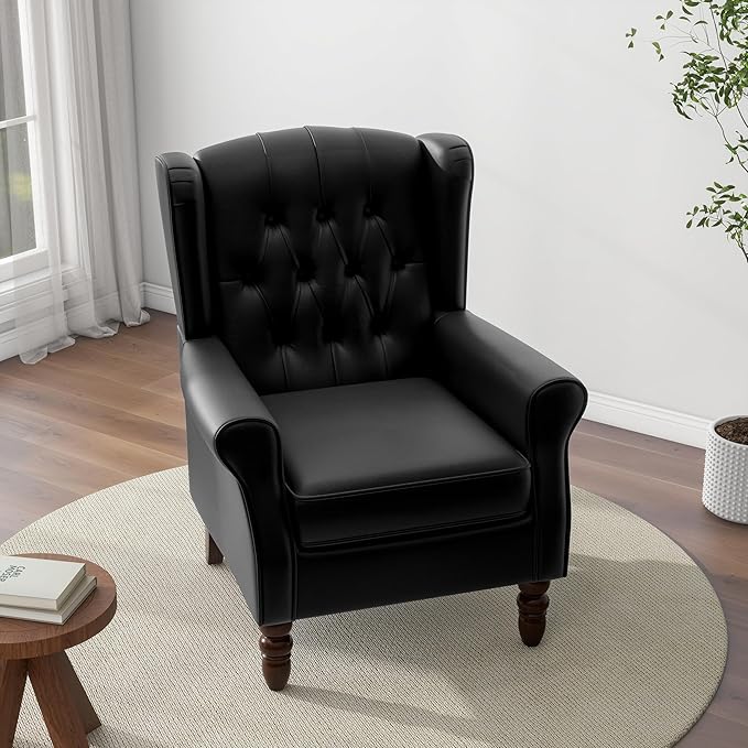 DREAMSIDEA Accent Chair, Upholstered Armchair with Button Tufted High Back & Solid Wood Legs, Comfy Wingback Reading Single Sofa Chair for Small Spaces, Living Room, Bedroom (Leather Black, Set of 1)