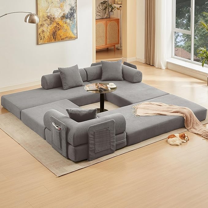 L Shaped Convertible Modular Sofa Bed with Cylindrical Pillow & Reversible Chaise, Corduroy Folding Floor Sofa Couch Bed with Fixed-Shape Frame & Storage Pocket for Living Room, Grey