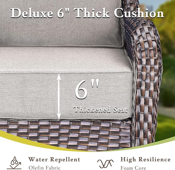 Luxury Outdoor Furniture Set with 6-Inch Thick Cushions, High Back Swivel Patio Chairs with Ottomans & Side Table, Wicker Outdoor Swivel Chairs Set for Porch, Yard, Deck, Poolside, Brown/Beige