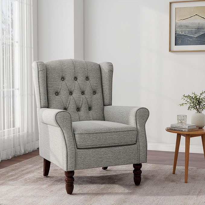 DREAMSIDEA Accent Chair, Upholstered Armchair with Button Tufted High Back & Solid Wood Legs, Comfy Wingback Reading Single Sofa Chair for Small Spaces, Living Room, Bedroom (Light Grey, Set of 2)