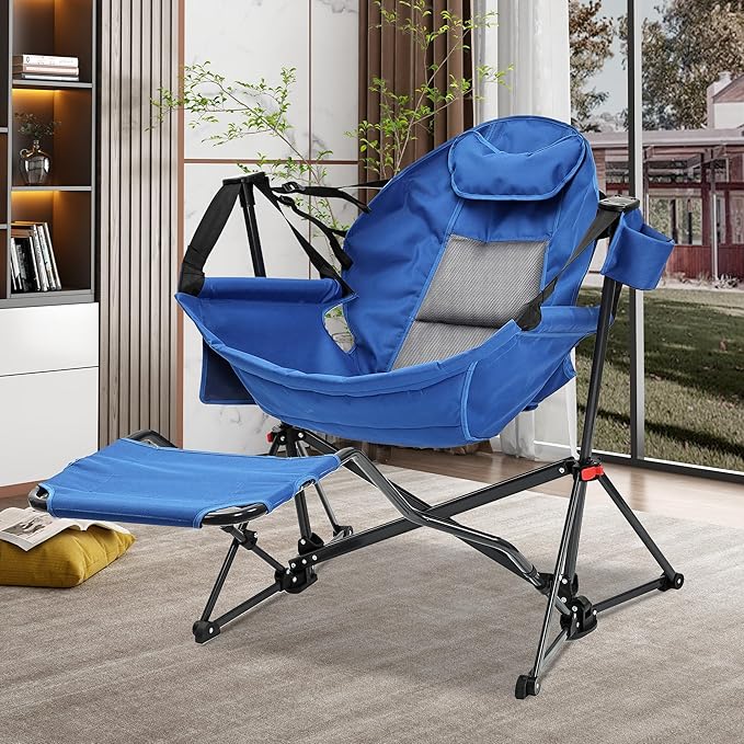 GDY Camping Chairs, Oversized Hammock, Folding Rocking Chairs, Adjustable Back Swing Chairs, Cup Holder, Outdoor Beach Lawn, Navy Blue.
