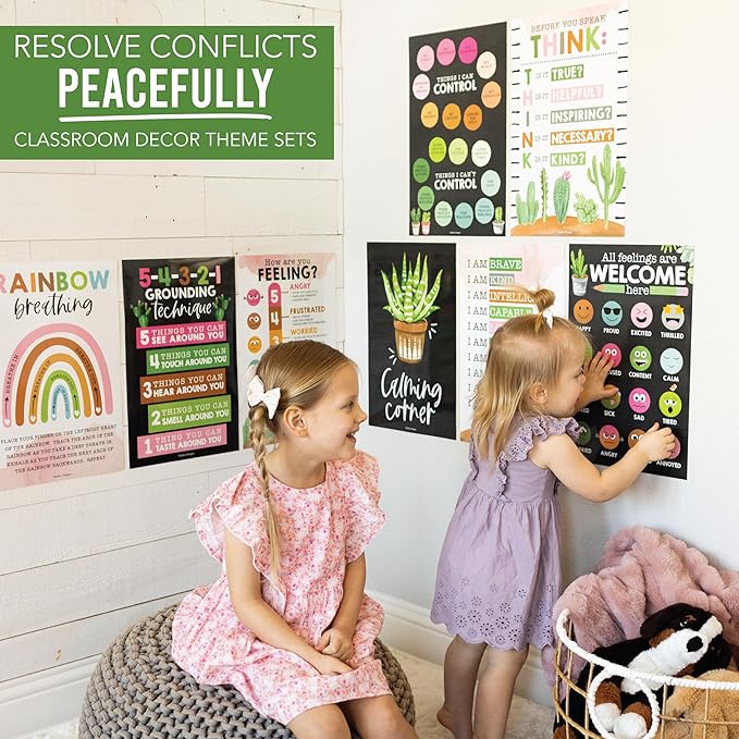 Hadley Designs 8 Calming Corner Posters For Classroom Must Haves For Teachers - 11x17 Calm Down Corner Supplies, Feelings Chart For Kids Ages 4-8, Toddler Emotions Chart, Cactus Classroom Decor