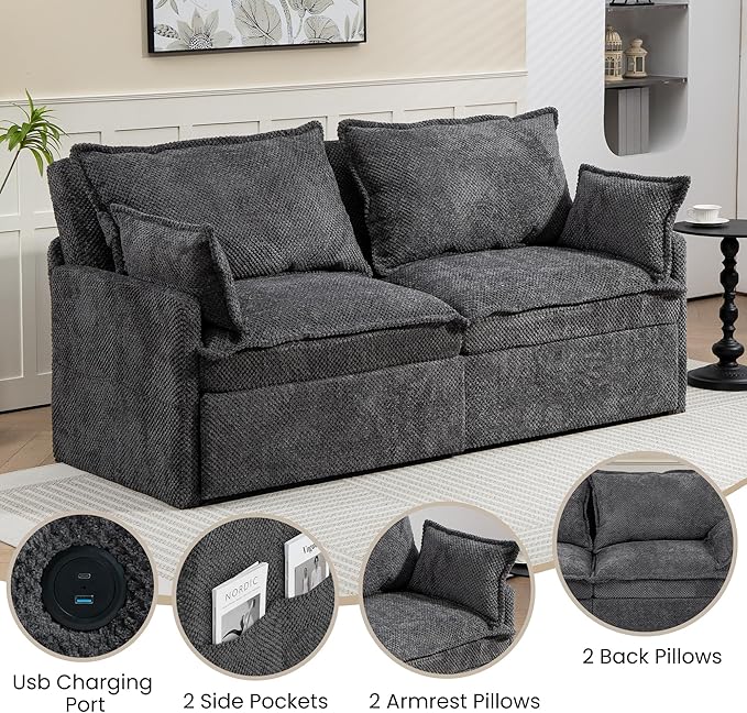 GRAINLLE King Size Pull Out Couch,3-in-1 Corduroy Sleeper Sofa with Pull Out Sofa Bed,USB & Side Storage,Convertible Loveseat Sleeper Couch for Living Room, Bedroom, pet-Friendly(Grey, 73.6'')