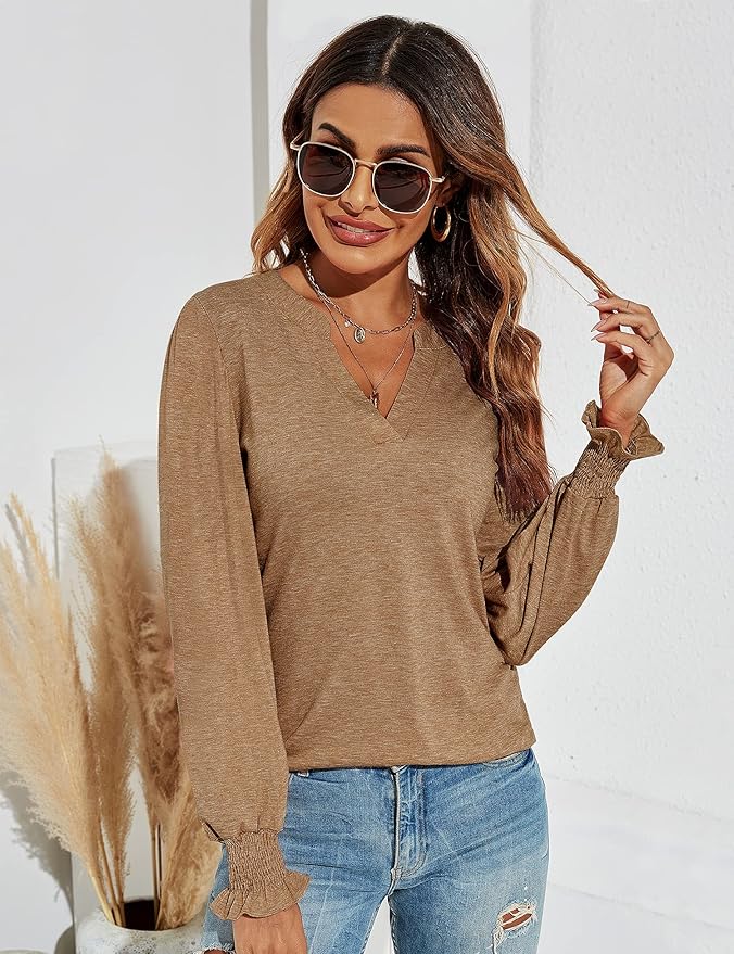 Romanstii Women's Casual V-Neck T-Shirts Loose Puff Long Sleeve Tops Tunic Blouses