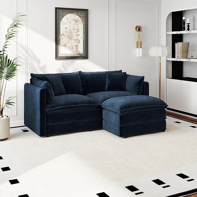 Aoowow Modular Sectional Sofa Modern Convertible Loveseat Couch,77.16 Inch Deep 2-Seater Sofas Comfy Chenille Cloud Sofas and Couches Set with Movable Ottoman for Living Room Apartment（Blue）