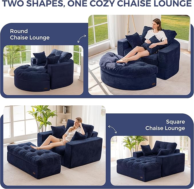 MAXYOYO Modular Sectional Chaise Lounge Sofa, 2 Sets Upholstered Lounge Chair with Ottoman, Comfy Round+ Square Couch with Layered Cushion, Tufted Sleeper Chair for Living Room, No Assembly, Navy