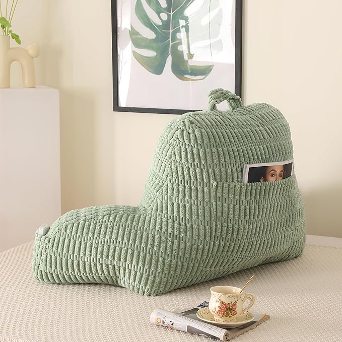 PAJEO Reading Pillow for Sitting in Bed, Large Backrest Reading Pillow with Arm Rest,Back-Rest Support Cushion for Sit Up on Couch, Sofa, and Floor, Dorm Essentials (Green Corduroy, Standard(17"))