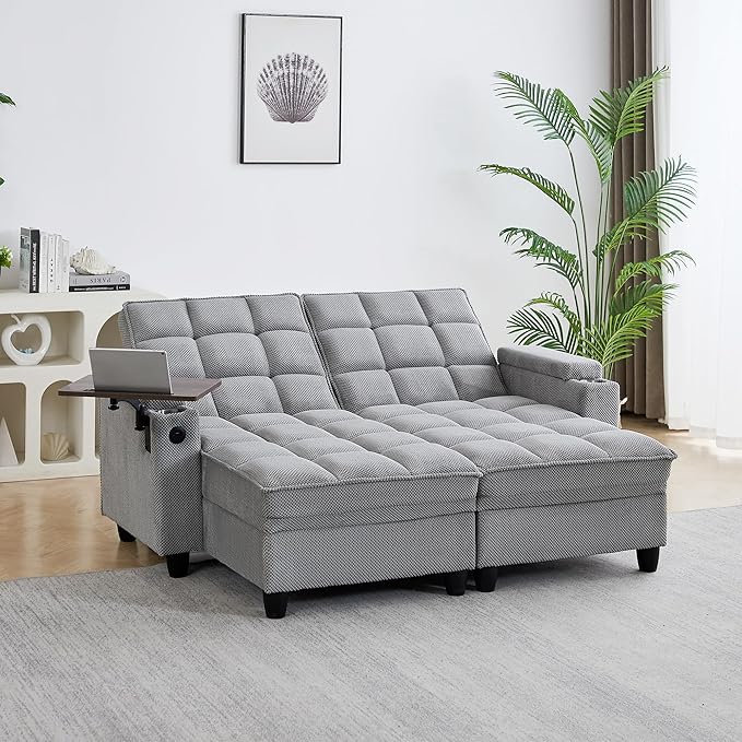 70.9" Chaise Lounge Chair Indoor, Oversized Boucle Upholstered Sofa Bed, Adjustable Backrest Deep Seat Reading Chair, Sofas Couches for Living Room with Storage, Cup Holders and 360° Swivel Side Table