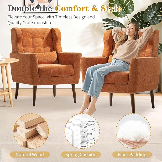 QKFF Accent Chair Set of 2, Upholstered Armchair with Pillow, Fabric Single Sofa Chair with Lounge Seat and Wood Legs Accent Chair for Living Room Small Spaces (Orange, Set of 2)